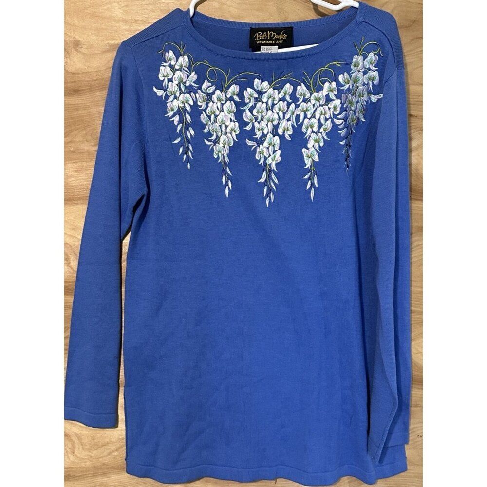 Bob Mackie Woman Small Sweater Wearable Art Blue Embroidered Floral Wisteria